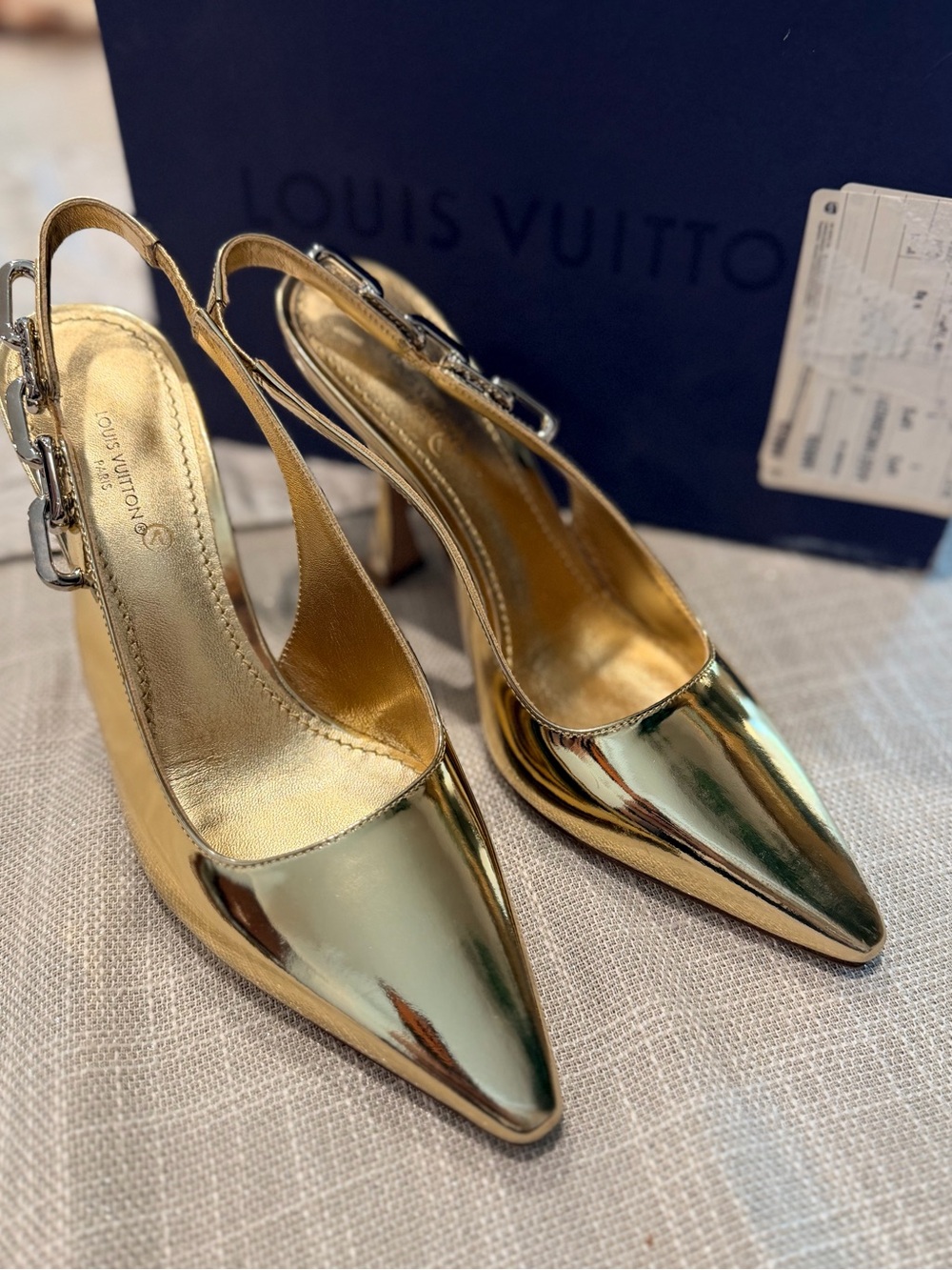 Louis Vuitton Gold Pointed Slingback Pumps